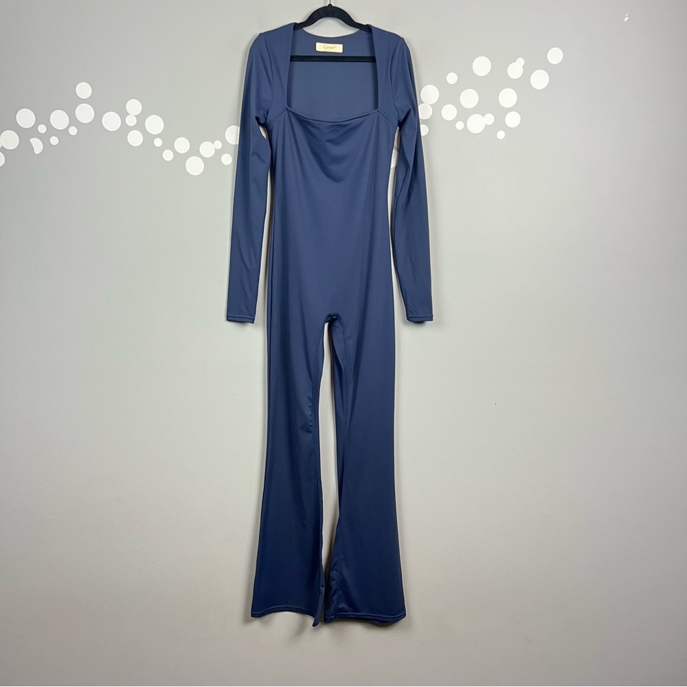 Qinsen Long Sleeve Square Neck Flare Leg Jumpsuit Size S Navy Blue